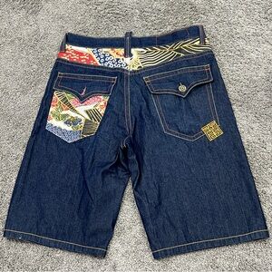 CLH Jean Shorts Men’s 38 Blue Embroidered Patch Baggy Y2K Skater Hip Hop